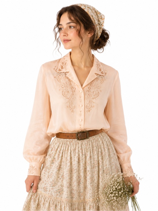 Vintage Tops - Vintage 100% Silk Embroidered Lace Cutout Blouse Feminine Prairiecore Romantic